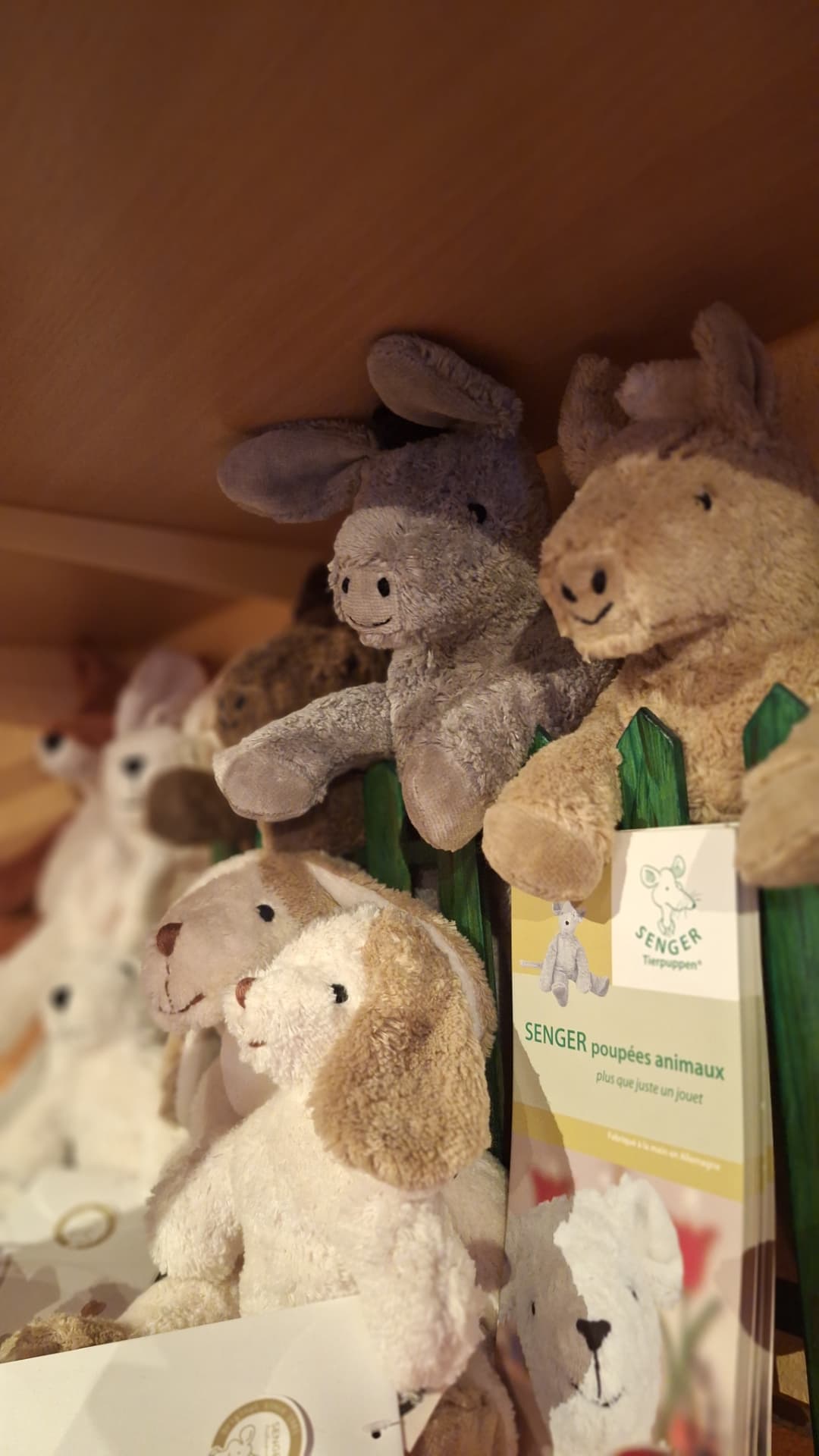 Poupées animaux Senger, âne et cheval en coton bio chez Luxiol